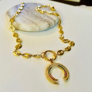 Moon charm necklace, mariner anchor chain, micro paved multicolor crescent moon